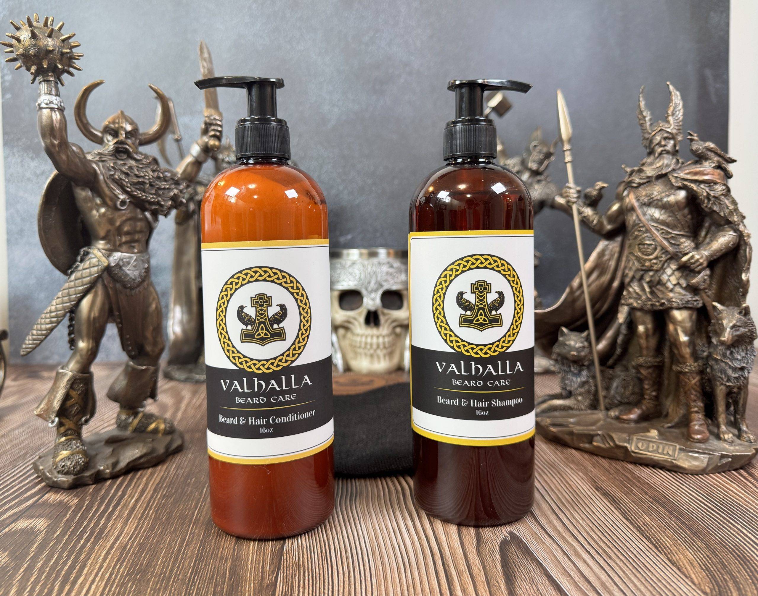 Valhalla Beard Care’s Beard and Hair Shampoo and Conditioner - 16 oz Set. All-natural, SLS-free, paraben-free duo for clean, soft, healthy beard and hair. Professional-grade care.